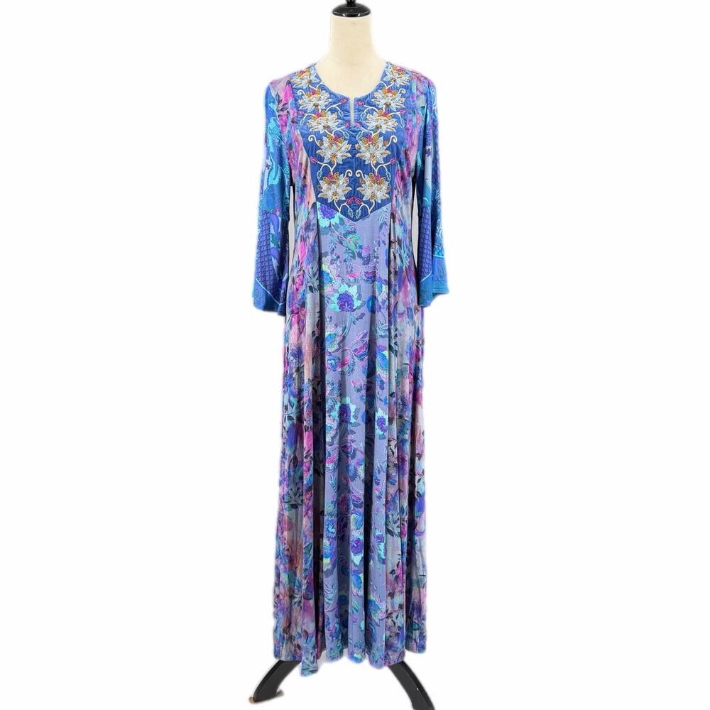 Soft Surroundings Blue Purple Patchwork Floral Embroidered Beaded Maxi Dress